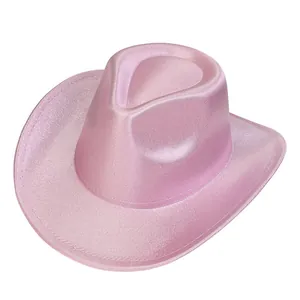 Detail view of pink sequined cowboy hat with metallic luster and curled brim for parties