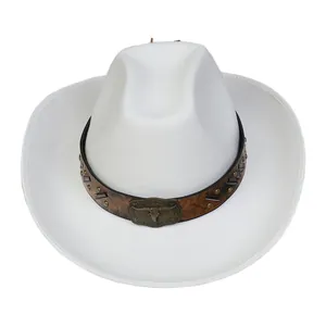 Detail of white western cowboy hat featuring leather band with vintage bull skull metal buckle