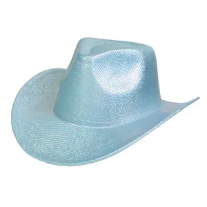 Detail of light blue cowboy hat with shimmer texture and silver trim for party