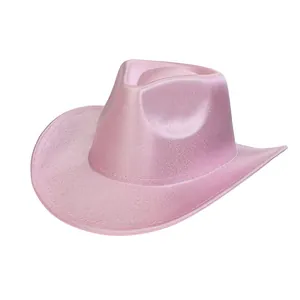 Detail shot of pink sequined western cowboy hat with glossy metallic finish for party