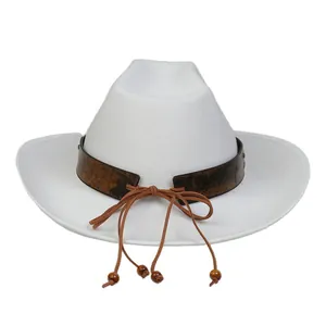 Detail of white western cowboy hat with brown band and hanging wooden beads accent