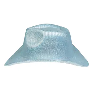 Detailed close-up of light blue glitter cowboy hat with silver brim and mesh texture