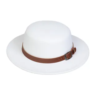 Detail view of white wool felt fedora hat featuring a brown leather band and silver buckle