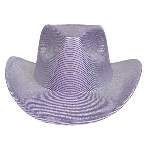 Detail of purple sequin cowboy hat with metallic silver stripes and a wide brim for parties