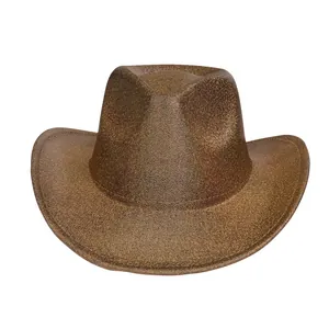 Detailed view of the sparkling bronze western cowboy hat with a curved sequined wide brim