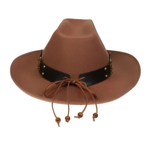 Close-up of brown wool cowboy hat with leather rivet band and wooden bead details