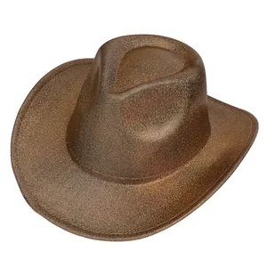 Detail of metallic bronze glitter cowboy hat with wide brim and shimmering textured finish