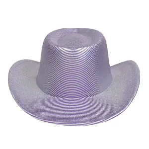 Detail of lavender cowboy hat with silver metallic stripes and classic upturned brim