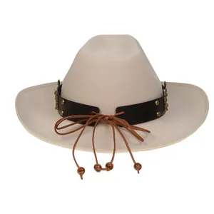Detail of wide brim felt cowboy hat with leather band, gold studs and wooden beads