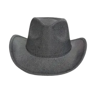 Detailed view of the wavy textured surface and curved brim on a dark gray western cowboy hat