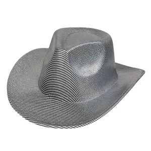 Detail of silver and black striped western cowboy hat with metallic texture and wide brim