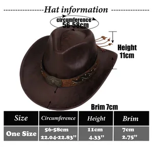 Size chart showing circumference 56-58cm for the vintage brown faux leather cowboy hat