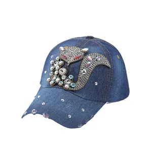 Distressed denim baseball cap with rhinestone squirrel motif and glitter accents