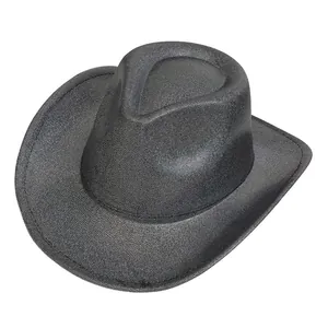 Close-up of black western cowboy hat featuring shiny texture and rolled brim detail