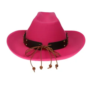 Detail of rose red wool cowboy hat with studded leather band and wooden bead drawstring