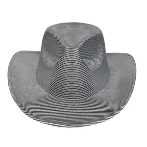 Close-up of metallic silver cowboy hat with shimmering horizontal texture and curved brim