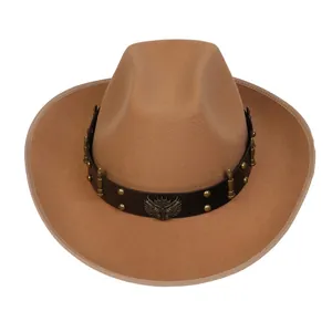 Detail view of khaki western cowboy hat with leather band and bronze wing shield emblem