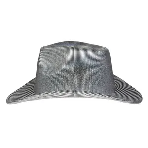 Detailed view of silver western cowboy hat with metallic mesh texture and wide brim