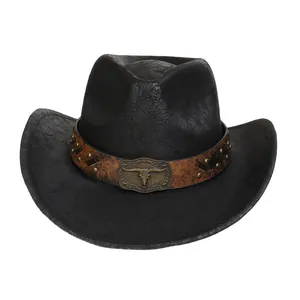 Detail of western cowboy hat featuring vintage cracked texture and longhorn bull metal buckle