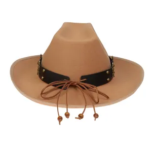 Detail of camel wool cowboy hat with black leather band, gold rivets, and ethnic wooden beads