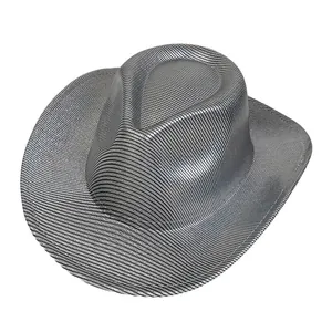 Detailed view of silver metallic cowboy hat with shimmering texture for party costumes
