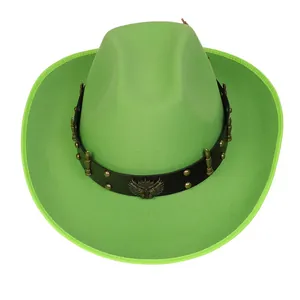 Detail of green cowboy hat with black leather band and metal rivet embellishments