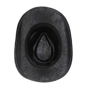 Inside view of black western cowboy hat showing sweatband and cracked faux leather texture