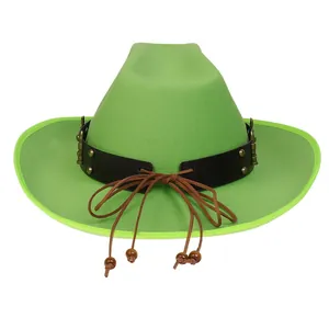 Detail of green felt cowboy hat featuring black leather band with metal studs and beads