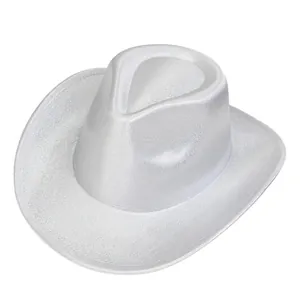 Detail of white sequin cowboy hat with shimmering pearlescent finish and curved brim