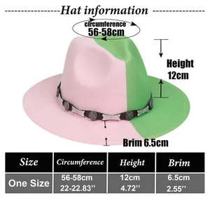 Guide des tailles montrant 56-58cm pour le chapeau fedora bicolore rose et vert
