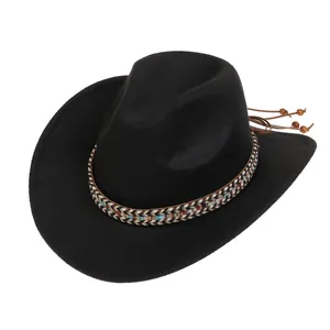 Classic black wool felt cowboy hat with ethnic woven band and wooden bead details