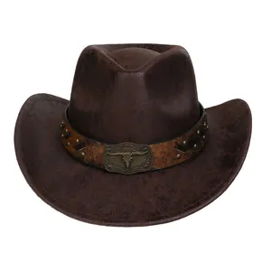 Detail of vintage brown cowboy hat with leather texture and bull head buckle