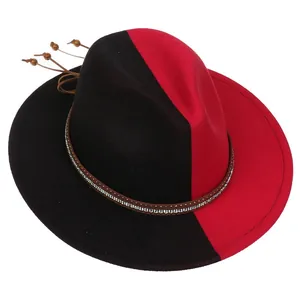 Detail of two-tone wool fedora with rhinestone leather band and wooden bead charms