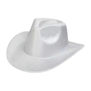 Detailed view of shimmering silver cowboy hat with glitter finish and curved brim