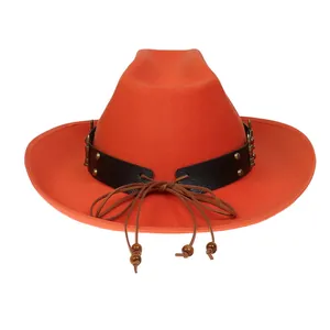 Detail of orange cowboy hat with leather band, metallic studs and wooden beads