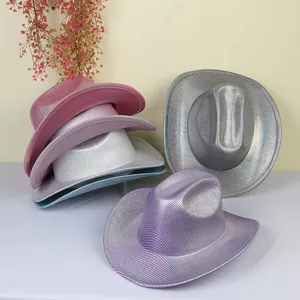 Detailed view of colorful metallic holographic cowboy hats for Halloween parties