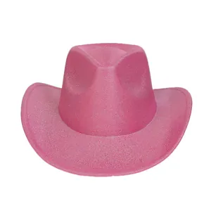 Close-up of bright pink cowboy hat with sparkling glitter texture and curved brim detail