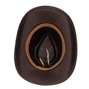 Detail of the inner sweatband and adjustable drawstring on a distressed cowboy hat