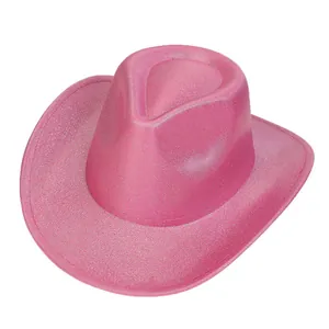 Detailed close-up of pink sequined cowboy hat with glitter finish and curved brim
