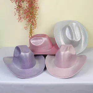 Detail of four colorful sequin cowboy hats with glittery finish and curved brims
