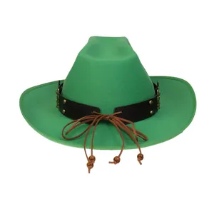 Close-up of green wool felt cowboy hat with black leather band and silver metal rivets