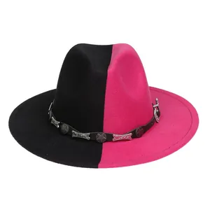 Chapeau fedora bicolore noir et rose avec rivets étoiles et bandeau en cuir de style rock
