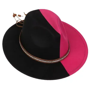 Detail of two-tone black and magenta wool fedora with rhinestone leather band and wooden beads