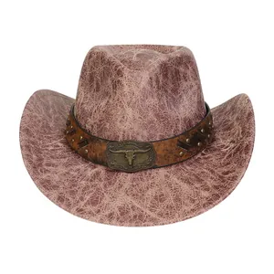 Detailed close-up of retro cracked leather texture and bull skull buckle on a cowboy hat