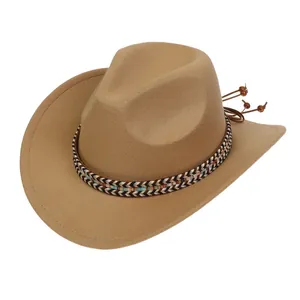 Detail of khaki felt cowboy hat featuring ethnic woven band and wooden bead tassels