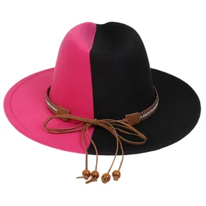 Detail of two-tone wool fedora with rhinestone leather band and wooden bead accent