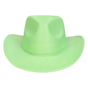 Close-up of a glossy green sequined cowboy hat with a curled brim and shimmering texture