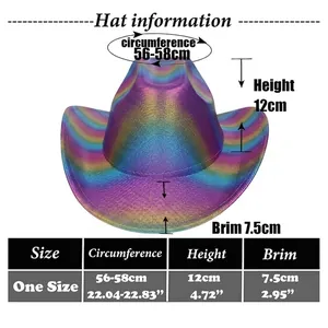 Detaillierte Größentabelle mit Maßen für den regenbogenfarbenen Metallic-Cowboyhut