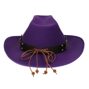 Detail of purple felt cowboy hat with brown leather band, brass studs and wooden beads