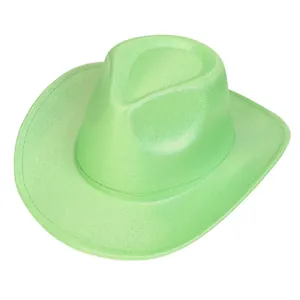 Detailed close-up of neon green sequin cowboy hat with metallic finish and rolled brim